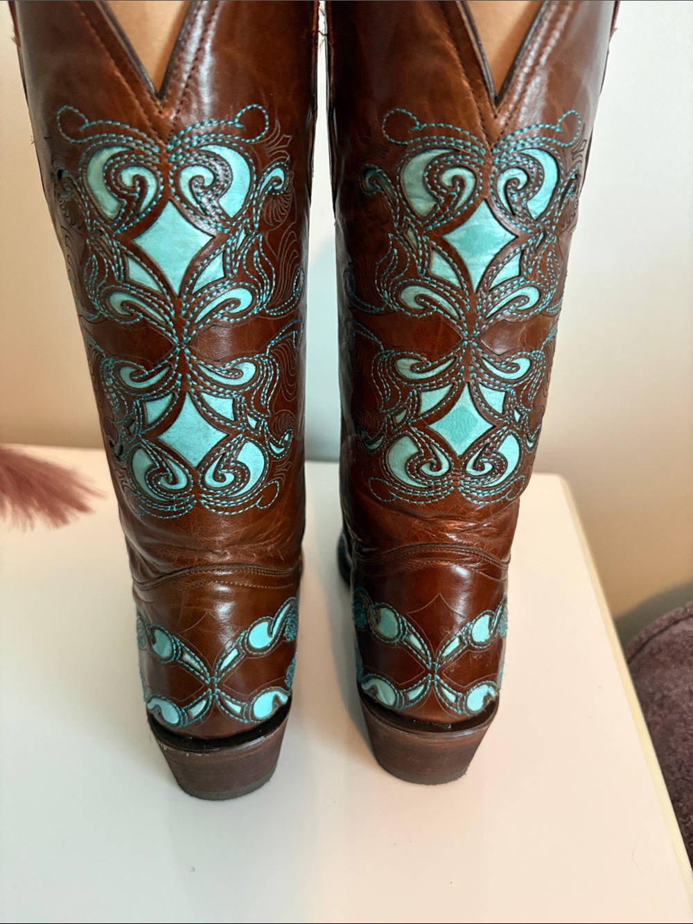 Pecos Bill Brown Leather Women's Western Heeled Boots with Turquoise Inlay 7 1/2 - Picture 5 of 6